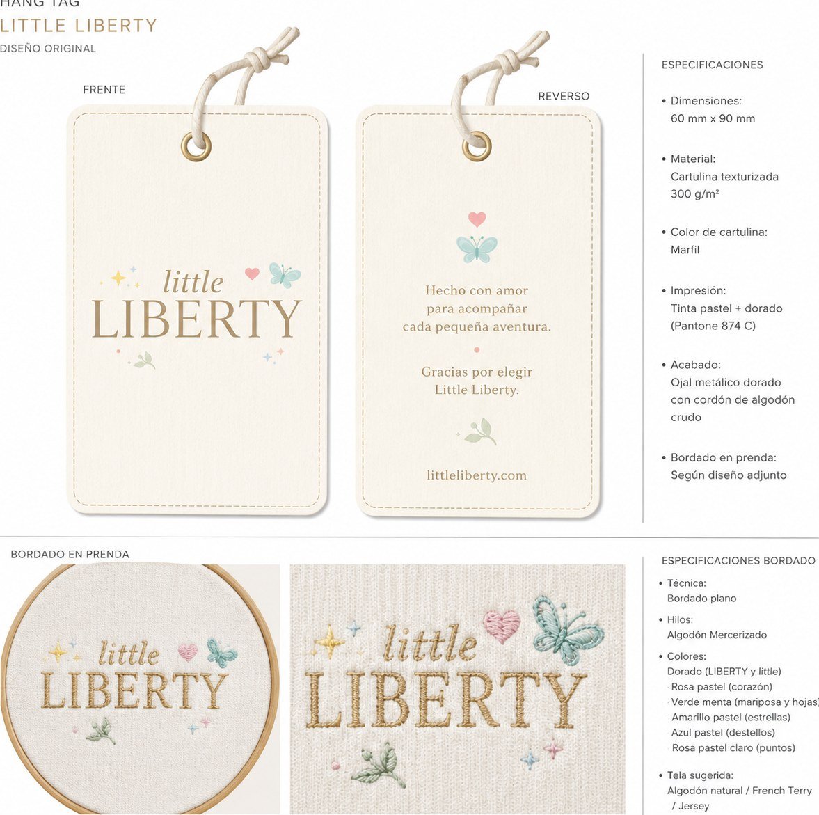 Little Liberty — Ficha técnica de hangtag y bordado